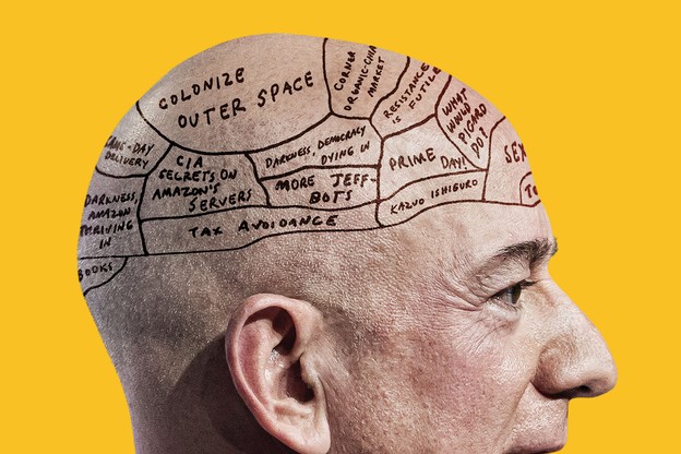 A silhouette of Jeff Bezos with sections drawn onto his brain, including "Colonize Outer Space" and "More Jeff-Bots"
