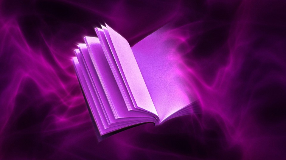 A book in a purple void half-disappearing