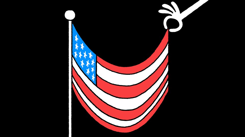 illustration of a hand reaching down and holding up one corner of an American flag on a flagpole