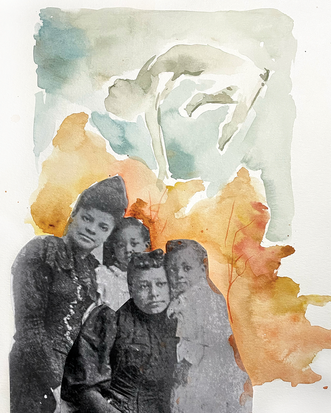 archival black-and-white photo of Ida B. Wells with another woman and two children with watercolor painting of human figure and trees