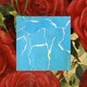 A piece of torn-up blue paper against a backdrop of red roses