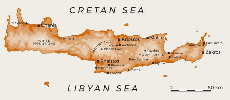 A map of Crete showing important Minoan sites