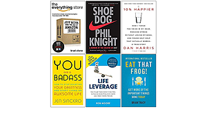 The Everything Store, Shoe Dog, 10% Happier, You Are a Badass, Life Leverage, Eat That Frog 6 Books Collection Set by Jen Sincero, Brad Stone, Brian Tracy, Rob Moore, Phil Knight, Dan Harris