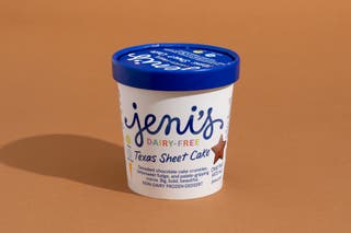 A pint of Jeni’s Dairy-Free Texas Sheet Cake ice cream.