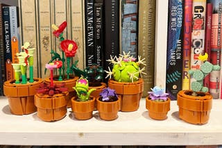 Nine completed Lego flower pots with different plants in them sit on a bookshelf.