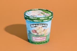 A pint of Ben and Jerry's Strawberry Cheezecake non-dairy ice cream.