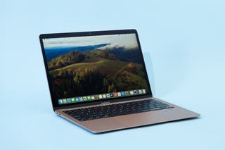 The Apple MacBook Air (M1, 2020) opened and displaying a screensaver.