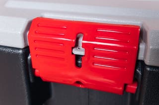 A closeup of the ActionPacker's lock hole that enables the use of a padlock.