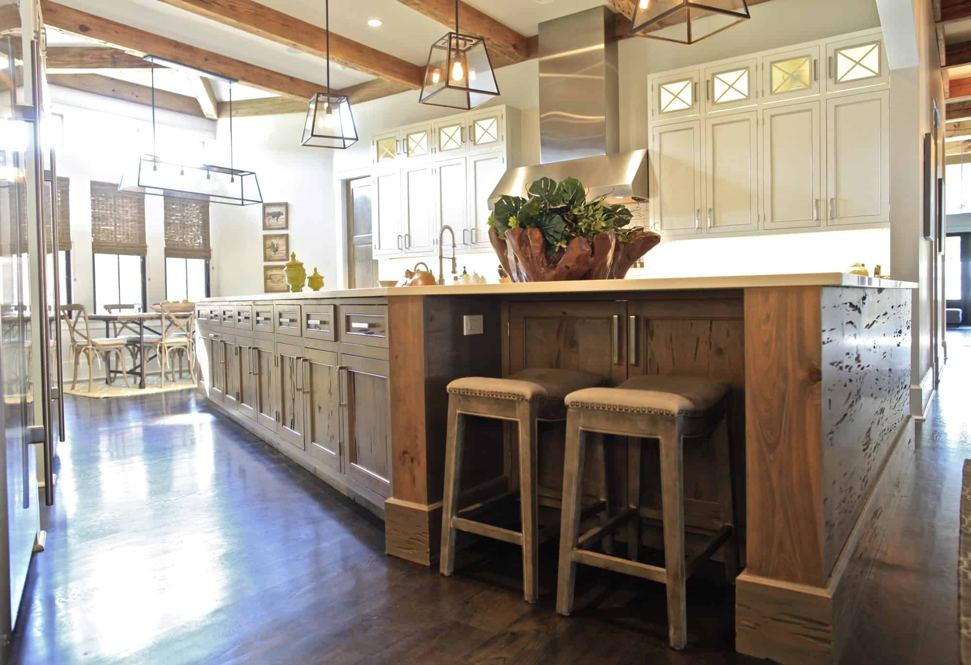 Make a statement with a cypress wood kitchen island. Its intricate detailing makes it much more than just a wooden detail in your kitchen