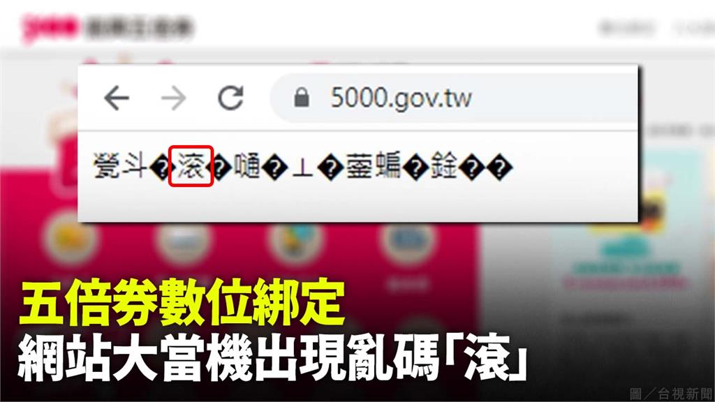 五倍券數位綁定，網站大當機出現亂碼「滾」。圖／台視新聞