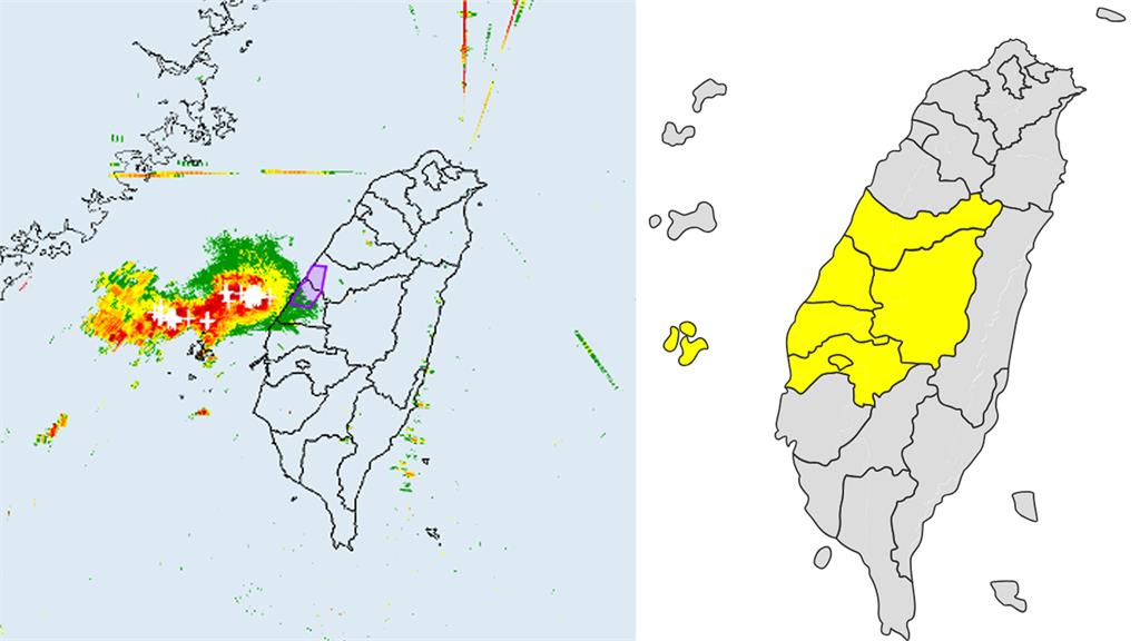 七縣市大雨特報，台中市、彰化縣須防大雷雨。圖／氣象署提供