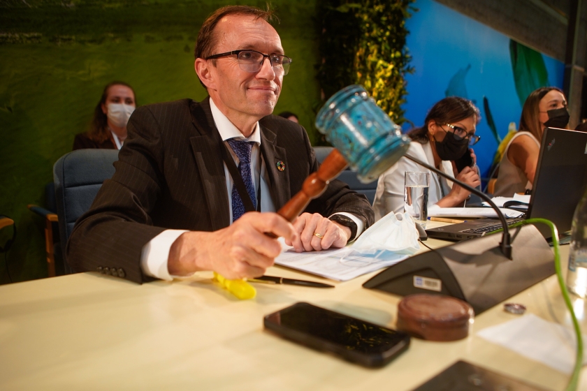 UN Environment Assembly President brings down the gavel on the resolution.  Credit: UNEP 