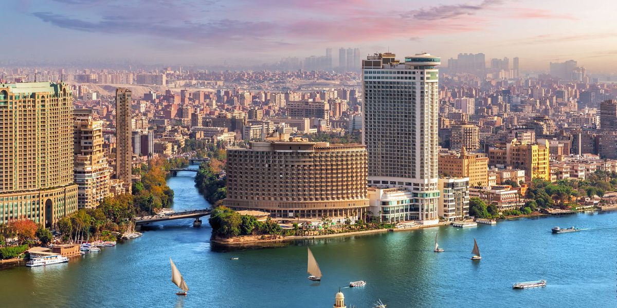 Skyline over the Nile in Cairo before sunset, aerial view, Egypt.