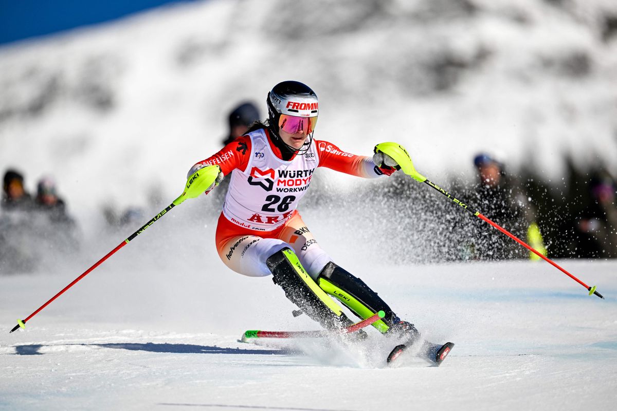 Switzerland's Nicole Good competes in the first run of the Women's Slalom race at the FIS Alpine Skiing World Cup in Are, Sweden, on March 10, 2024. (Photo by Pontus LUNDAHL / TT News Agency / AFP) / Sweden OUT