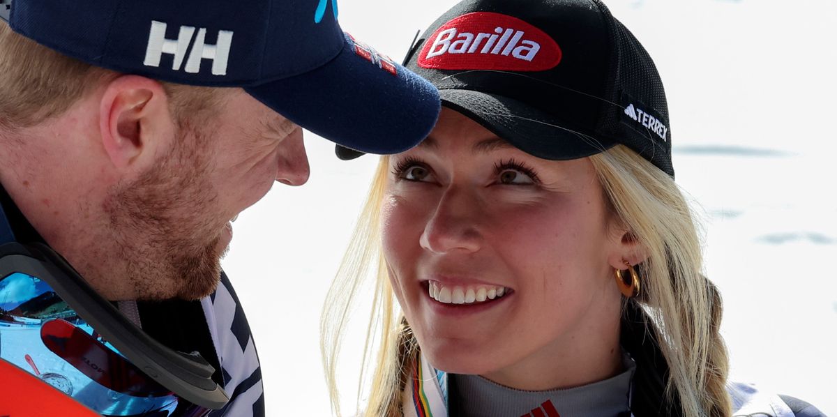 United States' Mikaela Shiffrin, right, and boyfriend Norway's Aleksander Aamodt Kilde look at each other on the last day of the alpine ski, World Cup season, in Soldeu, Andorra, Sunday, March 19, 2023. (AP Photo/Alessandro Trovati)