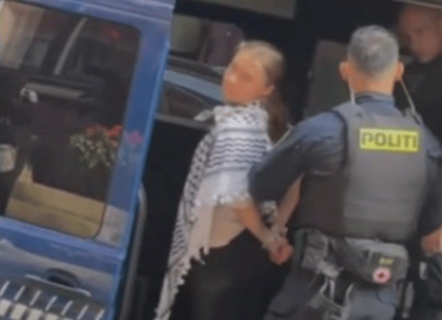 Ein Polizist führt die gefesselte Greta Thunberg in einem schwarz-weissen Schal zu einem Polizeiauto.