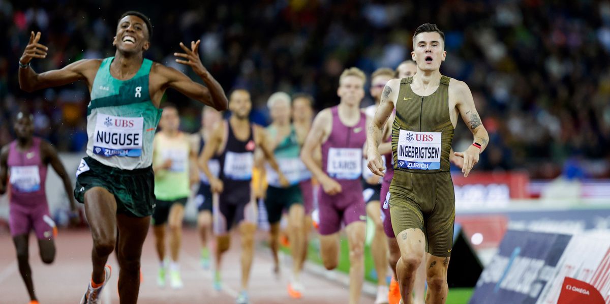 05.09.2024; Zuerich - Leichtathletik; IAAF Diamond League Meeting - Weltklasse Zuerich 2024 - 1500m Maenner; 
Yared Nuguse (USA, L) und Jakob Ingebrigtsen (NOR, R) 
(Marc Schumacher/freshfocus)