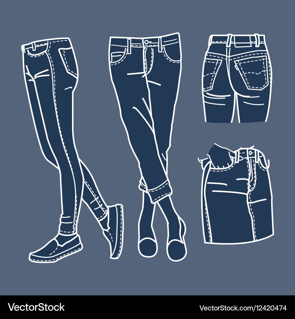 Hand drawn fashion collection of girls jeans vector image