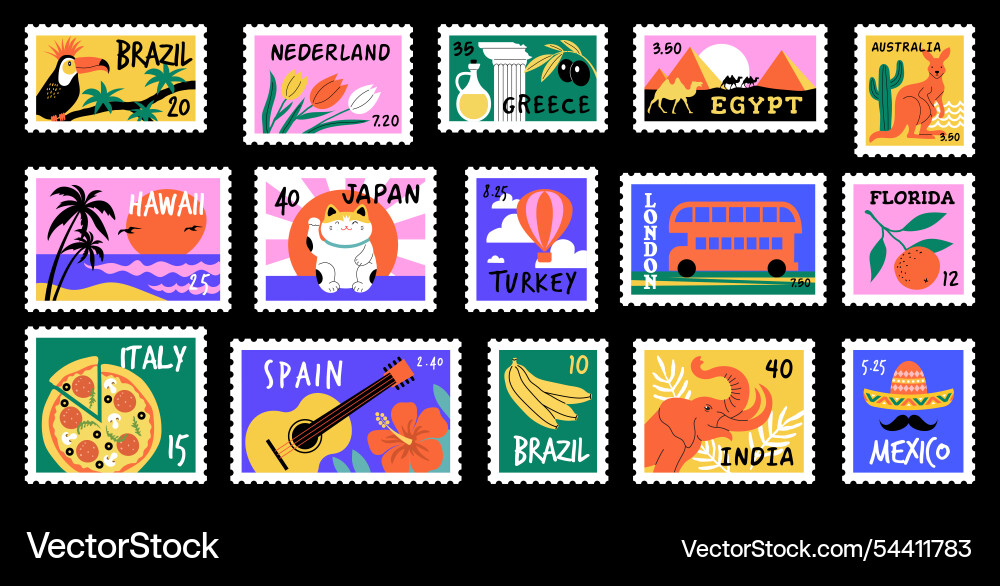 Post stamps world landmark and architectural vector image