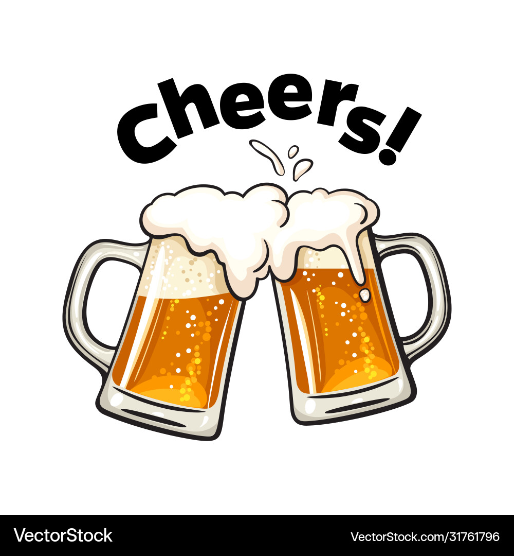 Cheers text two toasting beer mugs clinking vector image