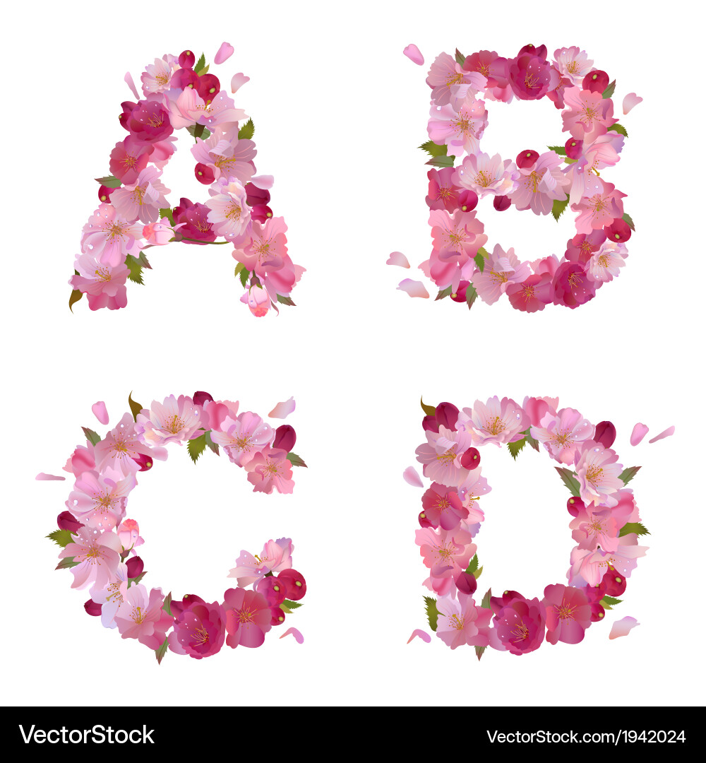 Spring alphabet with cherry flowers abcd vector image