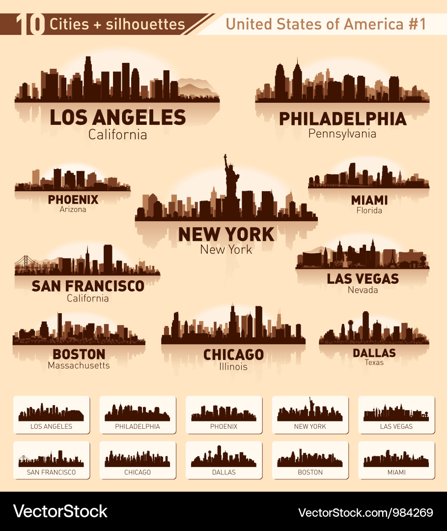 Skyline city set 10 cities of usa - 1 vector image