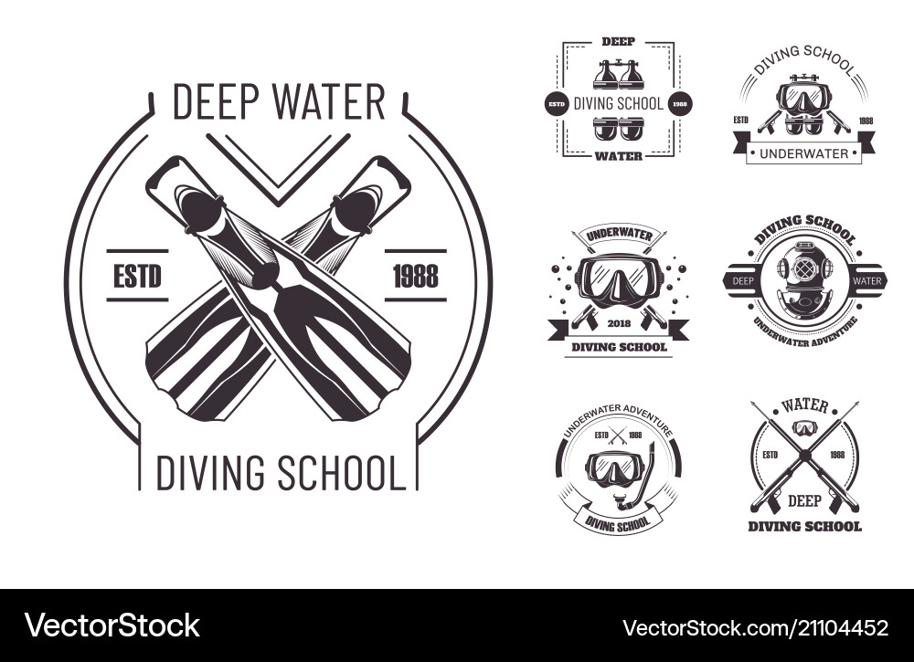 Diving school deep water promo monochrome emblems vector image