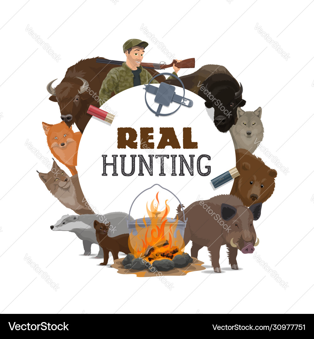 Hunting open season wild animals and hunter ammo vector image