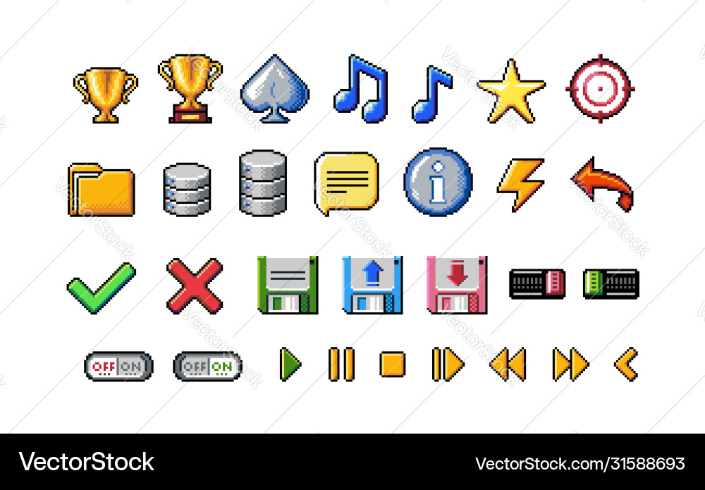 Pixel art style icons collection on white vector image