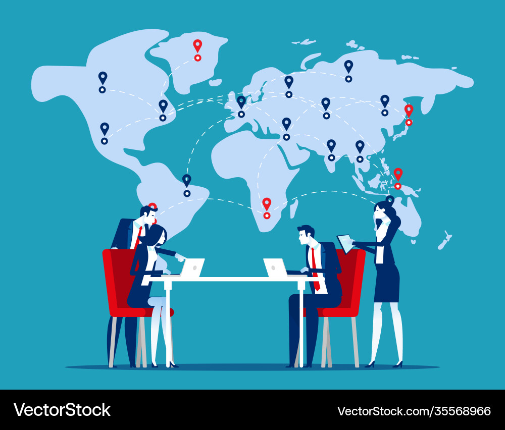 Team working in front world map global trade vector image