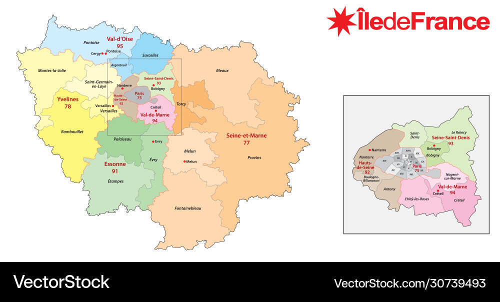 Ile de france region administrative map vector image