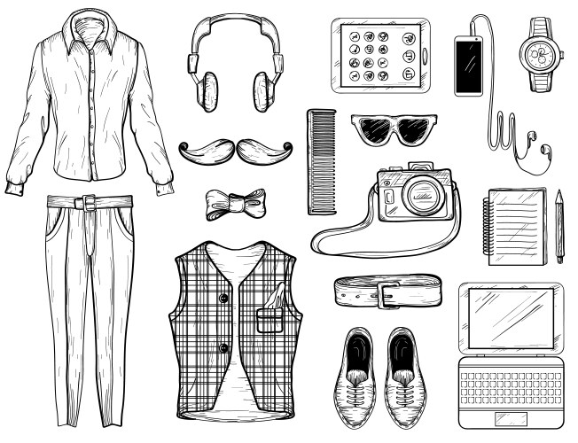 Hand drawn sketch with hipster man accessories vector image