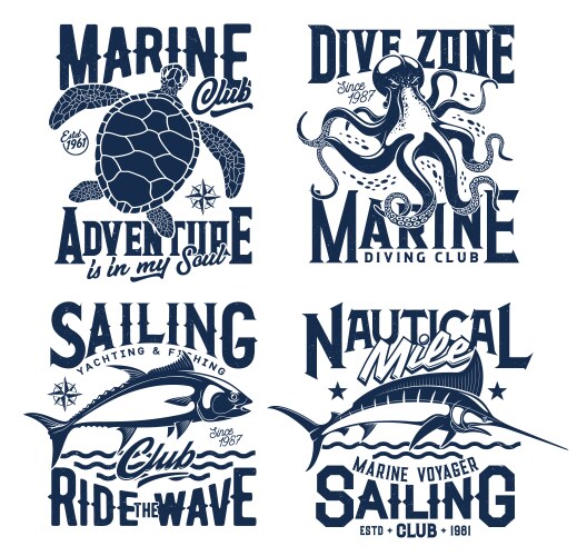 nautical marine t shirt prints sea waves turtle vector image