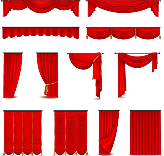 Luxury red curtains draperies realistic set vector image