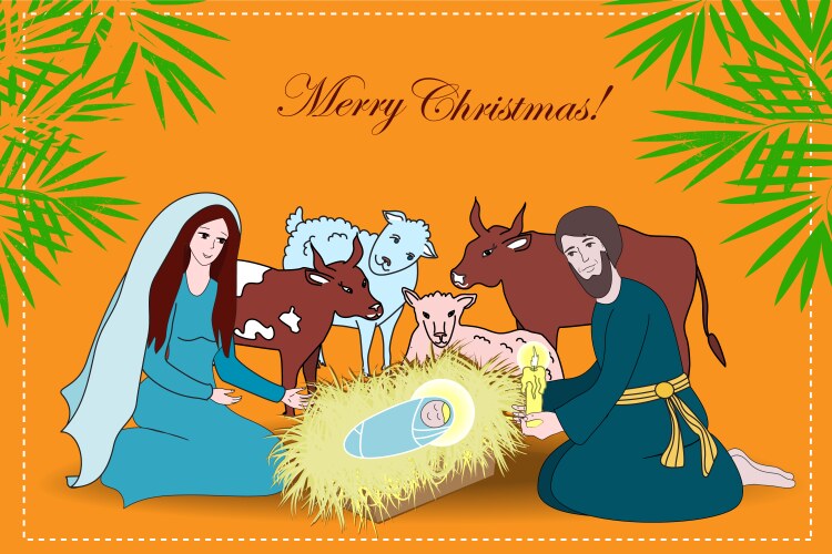 Nativity scene with saint family and aanimals vector image