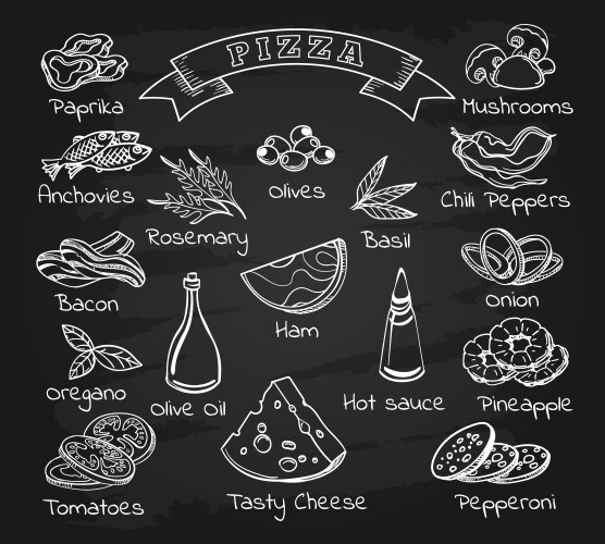 pizza ingredients set on chalkboard vector image