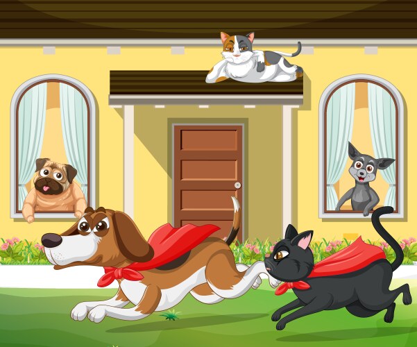 Outdoor scene with cartoon cats and dogs vector image