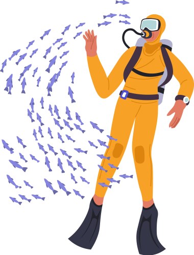 Scuba diver in mask floating with school of fish vector image