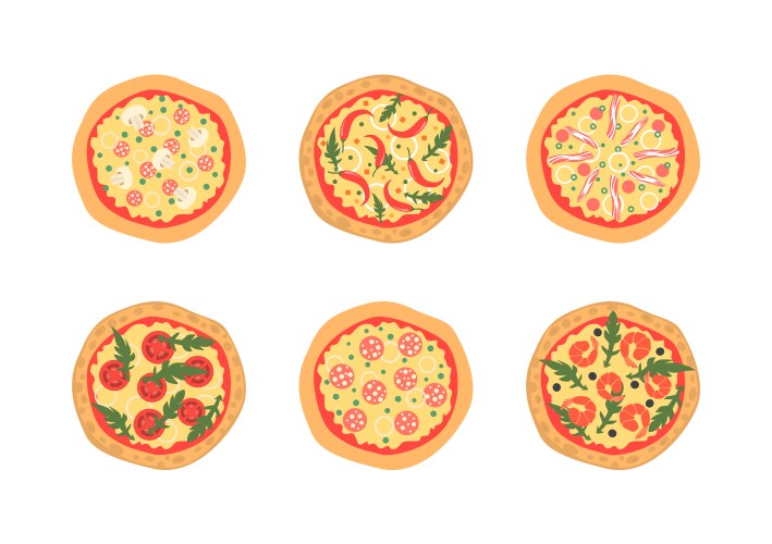 Pizzas with different toppings cartoon stylized vector image