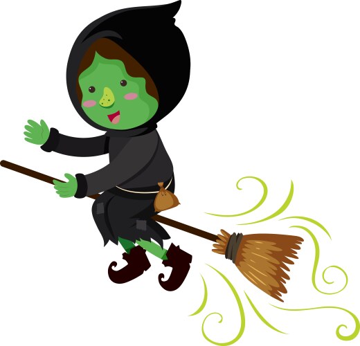 Green witch flying on magic broom vector image