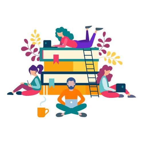 young people around a stack of books are getting vector image