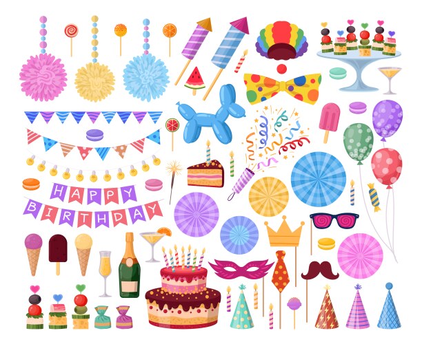 Birthday party cartoon elements cake balloons vector image