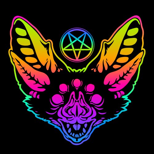 Creepy five-eyed bat head in neon bright colors vector image