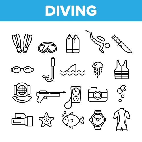 Scuba diving equipment linear icons set vector image