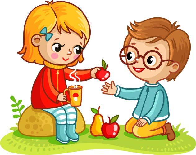 Boy and a girl eat in nature vector image