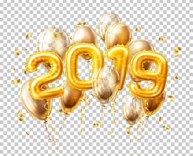 Realistic 2019 gold air balloons confetti new year vector image