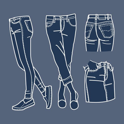 Hand drawn fashion collection of girls jeans vector image