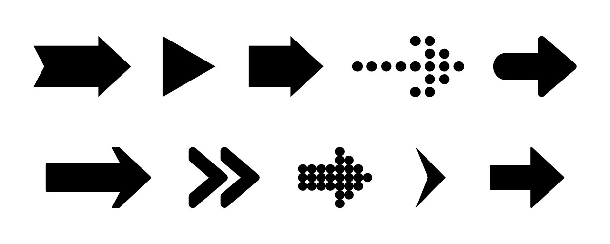 set flat arrow icon collection black sign vector image