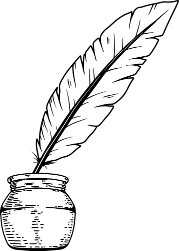 Ink bottle with goose feather in engraving style vector image