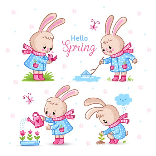 Set with cute rabbits on a spring theme vector image